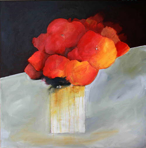 Blumen rot 04, 100x100 cm, Mischtechnik
